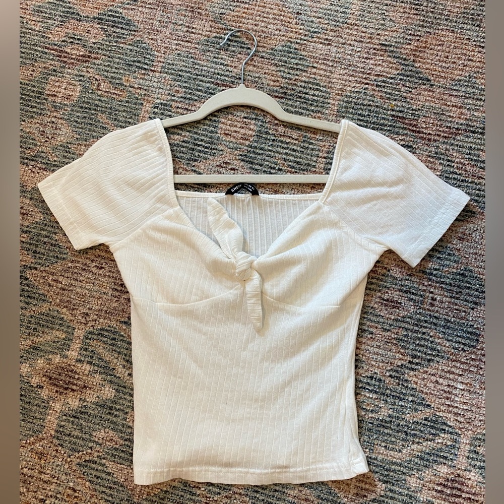 Shein Tie Front Ribbed White Tee